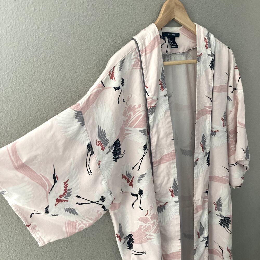 Forever 21 Longline Kimono Robe Coverup - Cranes - Pink White Black - Large - Picture 3 of 7